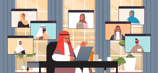 arabic businessman chatting with arabian colleagues during video call business people having online conference meeting communication concept office interior horizontal portrait vector illustration