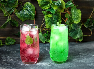 Refreshing carbonated cold drinks with ice.
