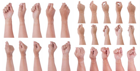Group of Male asian hand gestures isolated over the white background. Hand Grab Thing with fingers...