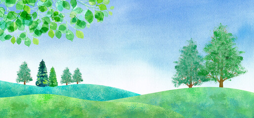 新緑と青空の平原の風景、水彩イラスト