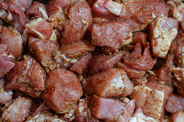 Pieces ready for roasting on coals marinated meat with spices and sauce