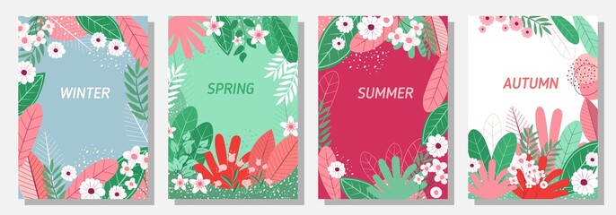 Vector set floral background, Nature background,Four seasons, template, banner, cover, templates, postcard.