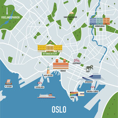 A city map of Oslo Norway with famous landmarks and tourist attractions - obrazy, fototapety, plakaty