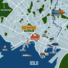 A vector city map of Oslo Norway with famous landmarks and tourist attractions - obrazy, fototapety, plakaty