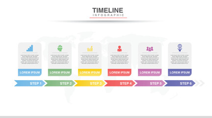 Abstract business card step infographic template with 6 options. Colorful diagram, timeline and schedule isolated on light background.