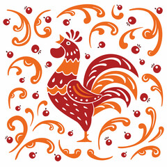 Decorative rooster surrounded by ornament. Traditional folk paintings. Vector graphics