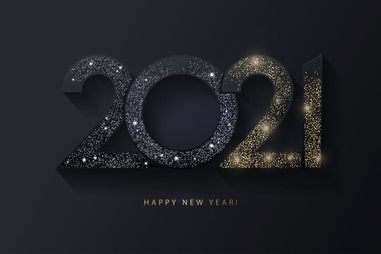 Happy New Year 2021 design. Modern 2021 glittering black and gold numbers isolated on black background. Holiday decoration, seasonal flyers, greetings and invitations, christmas themed and cards.