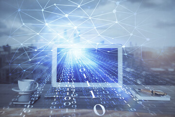 Double exposure of computer and technology theme hologram. Concept of freelance work.