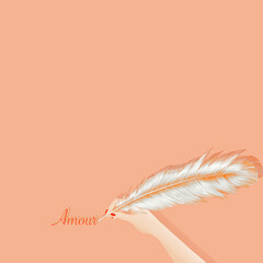 a woman's hand writing a word with a feather - text in french, love, background