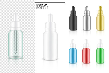 Transparent Dropper Bottle Mock up Realistic Cosmetic for Skincare Essential Merchandise or medicine on White Background Illustration. Health Care, Medical and Science Concept Design.