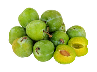 Group of fresh ripe greengage plums isolated on a white background