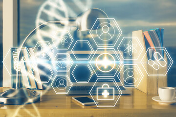 Desktop computer background and DNA drawing. Double exposure. Science concept.
