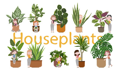Cute collection of girls in home clothes caring for different indoor plants in ceramic pots. Vector illustration
