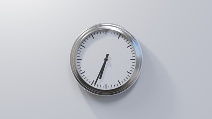 Glossy chrome clock on a white wall at thirty-four past six. Time is 06:34 or 18:34