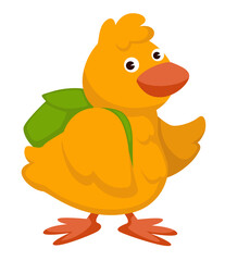 Chicken bird with rucksack, small birdie character with backpack