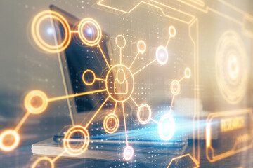 Fototapeta premium Computer on desktop with social network theme icon. Multi exposure. Concept of international connections.