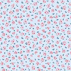 Vector seamless pattern with small red pretty flowers and blue leaves. Liberty style wallpapers. Simple floral background. Elegant ditsy ornament. Cute repeat design for print, decoration, textile