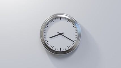 Glossy chrome clock on a white wall at twenty past eight. Time is 08:20 or 20:20