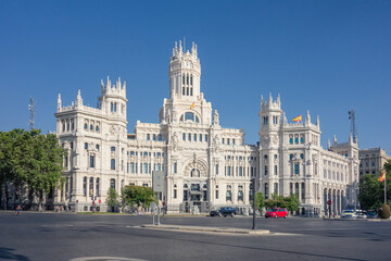 Fototapeta na wymiar Main facade of the cibeles palace, headquarters of the city of Madrid city hall