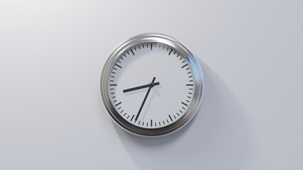 Glossy chrome clock on a white wall at thirty-four past eight. Time is 08:34 or 20:34