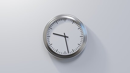 Glossy chrome clock on a white wall at twenty-eight past nine. Time is 09:28 or 21:28