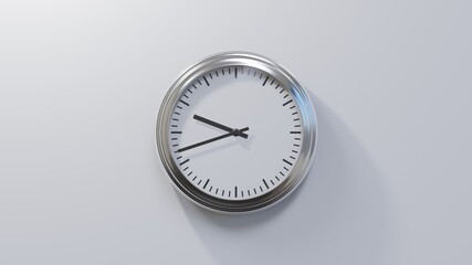 Glossy chrome clock on a white wall at forty-two past nine. Time is 09:42 or 21:42