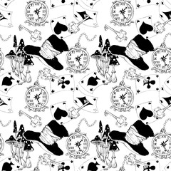 Alice in Wonderland sketched seamless pattern black white coloring page  isolated  © onanana