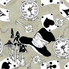 Alice in Wonderland sketched seamless pattern black white coloring page  isolated  © onanana