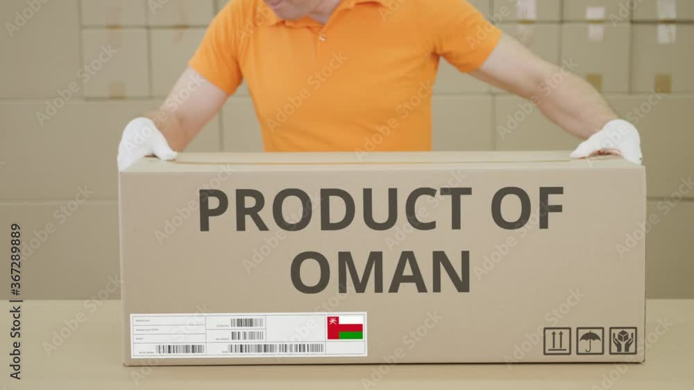 Poster warehouse worker and big box with product of oman printed text