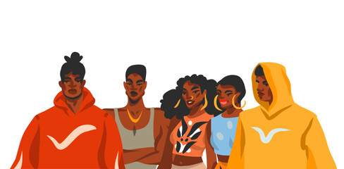Hand drawn vector abstract stock flat graphic illustration with young black afro american beauty people group in fashion outfit isolated on white background