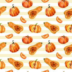 Seamless pattern with pumpkins for Fall on white and beige striped background. Watercolor hand painted orange round and cut pumpkins. autumn textile, wrapping paper, fabric.