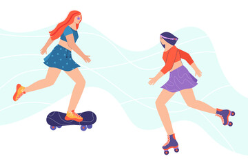 Leisure. The woman is rollerblading. The woman is riding a skateboard. Vector illustration in cartoon style.