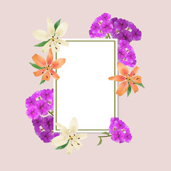 Delicate Lily and phlox with a frame and place for your text on a beige background.