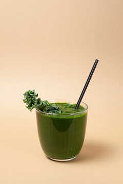 Green Vegetable Juice Or Kale Smoothie. Homemade Healthy Drink. Copy Space