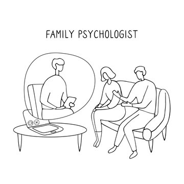 Family Psychologist. Online counseling for couple. Patients at psychological consultation. Linear doodle illustration