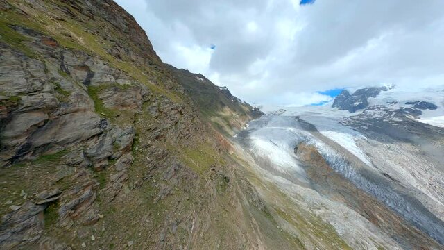 Flying Towards The Majestic Gornergletscher - Gorner Glacier Close To Zermatt In The Canton Of Valais, Switzerland, Europe. - FPV Drone