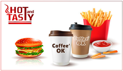 3d.Vector Potatoes French Fries.Burger. Hamburger.Vector realistic 3d illustration of black Coffee Cup.Cappuccino.Latte.Americano coffee.Bowl of tomato sauce.