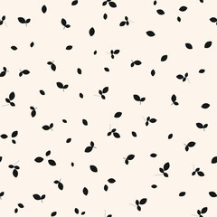 Vector monochrome seamless pattern with small scattered leaves. Simple minimal botanical background. Black and white wallpapers. Leaf texture. Repeat design for decor, wrapping, print, cloth, textile