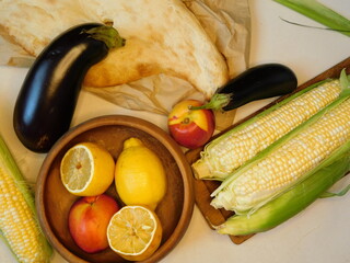 rustic still life of vegetables and fruits