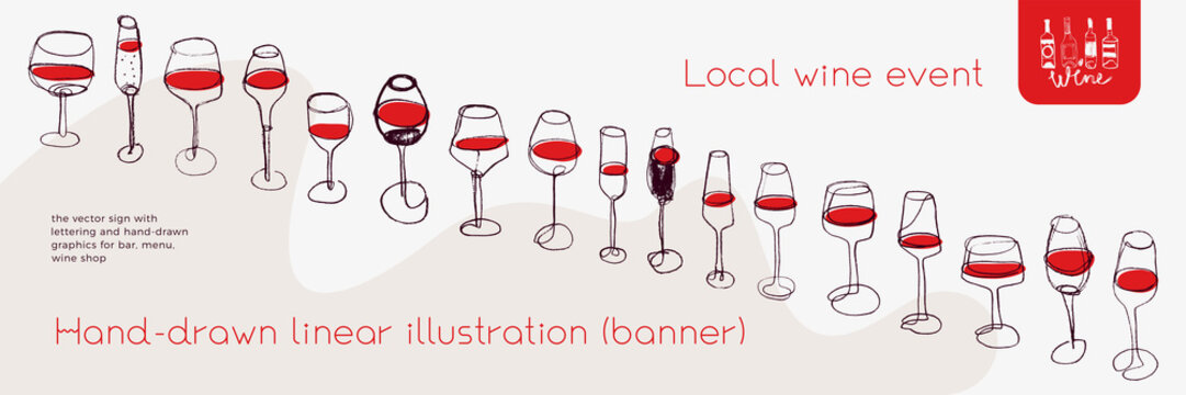 Horizontal restaurant banner with wine glasses icons in trendy linear style. Homemade cooking with Cooking utensils vector. Cooking courses banner. Wine glass icon for red bar poster, local wine event