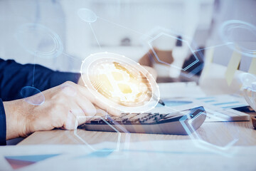 Businessman with hands background. Crypto currency concept.