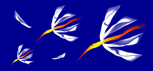 abstraction, three dandelions fly from a gust of wind across the night sky