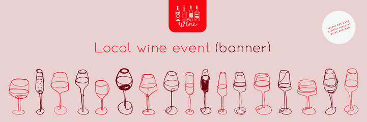 Horizontal restaurant banner with wine glasses icons in trendy linear style. Homemade cooking with Cooking utensils vector. Cooking courses banner. Wine glass icon for red bar poster, local wine event