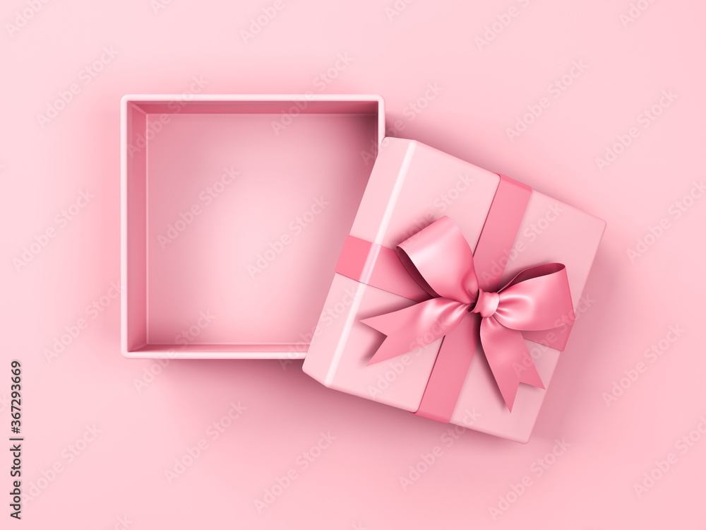 Poster blank pink pastel color present box or open gift box with pink ribbon and bow isolated on pink paste