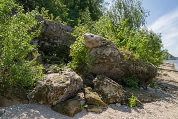 summer, day, clear, weather, travel, nature, coast, rivers, light, shadow, earth, stones, boulders, forest, trees, green, foliage