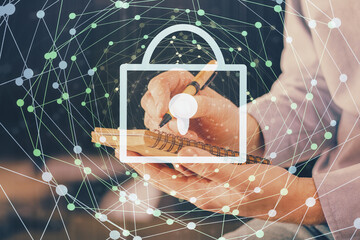 Man hands writing. With double exposure drawings.