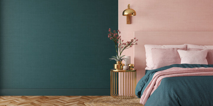 Bedroom interior.Art deco style.Design with green pink and gold color.3d rendering