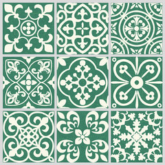 Patchwork texture from tiles in the oriental style in green and gray. Abstract background. Geometric ceramic design tile.