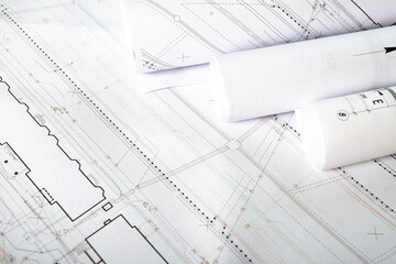 Architectural blueprints on a table close up