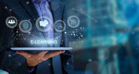 hand pressing learning word button. business concept. e learning